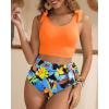 imageTwo Piece High Waisted Swimsuits  Women Tummy Control Bikini Modest Bathing Suit 2PC 2025Orange and Leaves