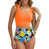 imageTwo Piece High Waisted Swimsuits  Women Tummy Control Bikini Modest Bathing Suit 2PC 2025Orange and Leaves