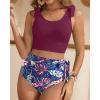 imageTwo Piece High Waisted Swimsuits  Women Tummy Control Bikini Modest Bathing Suit 2PC 2025Purple Leaf