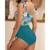 imageTwo Piece High Waisted Swimsuits  Women Tummy Control Bikini Modest Bathing Suit 2PC 2025Teal Floral