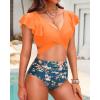 imageWomen High Waist Bikini Sets  Two Piece Ruffle Tummy Control Swimsuits Bathing SuitOrange Flowers