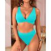 imageYonique Thong Bikini Set High Waisted Two Piece Swimsuit High Cut Bikini V Neck Bathing SuitAqua