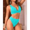 imageYonique Thong Bikini Set High Waisted Two Piece Swimsuit High Cut Bikini V Neck Bathing SuitAqua