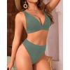 imageYonique Thong Bikini Set High Waisted Two Piece Swimsuit High Cut Bikini V Neck Bathing SuitArmy Green