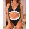 imageYonique Thong Bikini Set High Waisted Two Piece Swimsuit High Cut Bikini V Neck Bathing SuitBlack and White