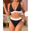 imageYonique Thong Bikini Set High Waisted Two Piece Swimsuit High Cut Bikini V Neck Bathing SuitBlack and White