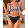 imageYonique Thong Bikini Set High Waisted Two Piece Swimsuit High Cut Bikini V Neck Bathing SuitStriped