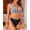 imageYonique Thong Bikini Set High Waisted Two Piece Swimsuit High Cut Bikini V Neck Bathing SuitStriped