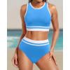 imageYonique Women Sport Bikini Set for Teen Juniors Two Piece Swimsuit High Waisted Bathing SuitBlue Colorblock