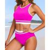 imageYonique Women Sport Bikini Set for Teen Juniors Two Piece Swimsuit High Waisted Bathing SuitHot Pink Colorblock