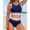 imageYonique Women Sport Bikini Set for Teen Juniors Two Piece Swimsuit High Waisted Bathing SuitNavy Blue Colorblock