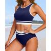 imageYonique Women Sport Bikini Set for Teen Juniors Two Piece Swimsuit High Waisted Bathing SuitNavy Blue Colorblock