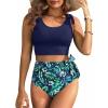 imageTwo Piece High Waisted Swimsuits  Women Tummy Control Bikini Modest Bathing Suit 2PC 2025Blue Floral