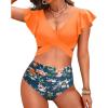 imageWomen High Waist Bikini Sets  Two Piece Ruffle Tummy Control Swimsuits Bathing SuitOrange Flowers