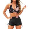 imageYonique Women Bikini Set with Swim Shorts 2 Piece Swimsuit with Boyshorts Halter High Waisted Bathing SuitOrange Floral