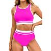 imageYonique Women Sport Bikini Set for Teen Juniors Two Piece Swimsuit High Waisted Bathing SuitHot Pink Colorblock