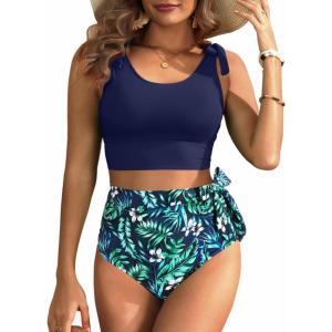 imageTwo Piece High Waisted Swimsuits  Women Tummy Control Bikini Modest Bathing Suit 2PC 2025Blue Floral