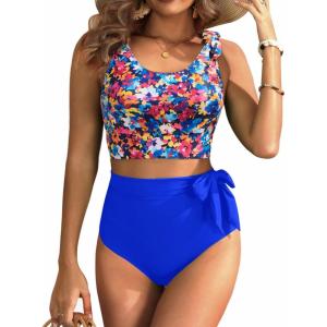 imageTwo Piece High Waisted Swimsuits  Women Tummy Control Bikini Modest Bathing Suit 2PC 2025Colorful Floral