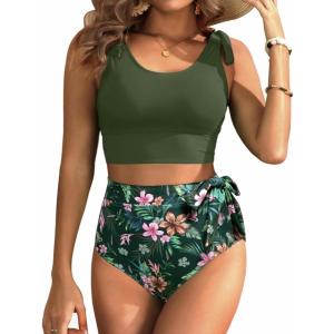 imageTwo Piece High Waisted Swimsuits  Women Tummy Control Bikini Modest Bathing Suit 2PC 2025Olive Green Floral