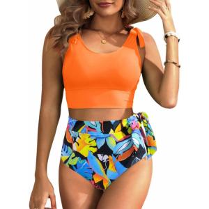 imageTwo Piece High Waisted Swimsuits  Women Tummy Control Bikini Modest Bathing Suit 2PC 2025Orange and Leaves