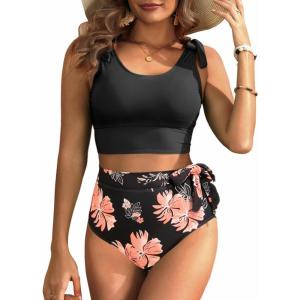 imageTwo Piece High Waisted Swimsuits  Women Tummy Control Bikini Modest Bathing Suit 2PC 2025Pink Floral
