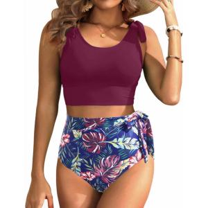 imageTwo Piece High Waisted Swimsuits  Women Tummy Control Bikini Modest Bathing Suit 2PC 2025Purple Leaf