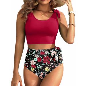 imageTwo Piece High Waisted Swimsuits  Women Tummy Control Bikini Modest Bathing Suit 2PC 2025Red and Floral