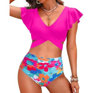 imageWomen High Waist Bikini Sets  Two Piece Ruffle Tummy Control Swimsuits Bathing SuitPink and Floral