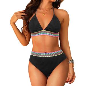 imageWomen High Waisted Bikini Set  Push Up Two Piece Swimsuit Color Block Halter Bikini Ribbed 2025 Bathing Suit SwimwearBlack