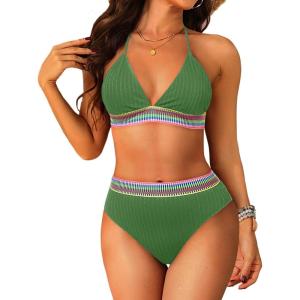 imageWomen High Waisted Bikini Set  Push Up Two Piece Swimsuit Color Block Halter Bikini Ribbed 2025 Bathing Suit SwimwearGreen