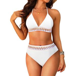 imageWomen High Waisted Bikini Set  Push Up Two Piece Swimsuit Color Block Halter Bikini Ribbed 2025 Bathing Suit SwimwearWhite02