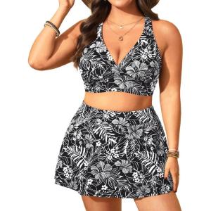 imageWomens Plus Size High Waisted Bikini  Two Piece Swimsuit with Skirt 2025 Tummy Control Bathing Suit with PocketBlack and White Leaves