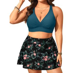 imageWomens Plus Size High Waisted Bikini  Two Piece Swimsuit with Skirt 2025 Tummy Control Bathing Suit with PocketGreen and Flower