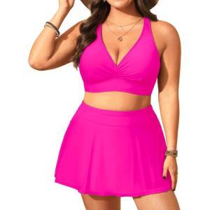 imageWomens Plus Size High Waisted Bikini  Two Piece Swimsuit with Skirt 2025 Tummy Control Bathing Suit with PocketHot Pink