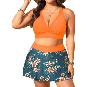 imageWomens Plus Size High Waisted Bikini  Two Piece Swimsuit with Skirt 2025 Tummy Control Bathing Suit with PocketOrange Flowers