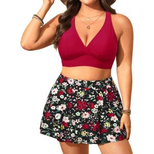 imageWomens Plus Size High Waisted Bikini  Two Piece Swimsuit with Skirt 2025 Tummy Control Bathing Suit with PocketRed and Floral