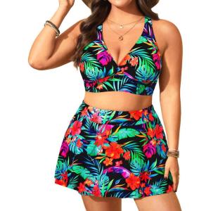 imageWomens Plus Size High Waisted Bikini  Two Piece Swimsuit with Skirt 2025 Tummy Control Bathing Suit with PocketTropical Print