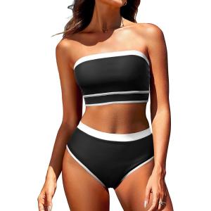 imageYonique Bandeau Bikini Womens High Waisted Swimsuit Two Piece Strapless Bathing SuitsBlack