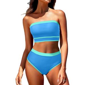 imageYonique Bandeau Bikini Womens High Waisted Swimsuit Two Piece Strapless Bathing SuitsBlue