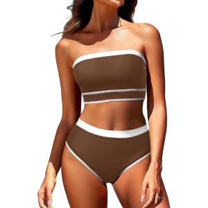 imageYonique Bandeau Bikini Womens High Waisted Swimsuit Two Piece Strapless Bathing SuitsBrown