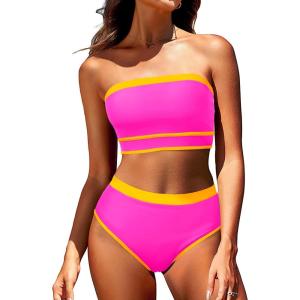 imageYonique Bandeau Bikini Womens High Waisted Swimsuit Two Piece Strapless Bathing SuitsHot Pink