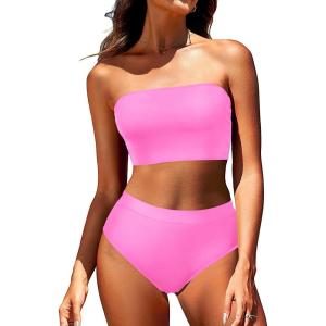 imageYonique Bandeau Bikini Womens High Waisted Swimsuit Two Piece Strapless Bathing SuitsPink