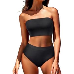imageYonique Bandeau Bikini Womens High Waisted Swimsuit Two Piece Strapless Bathing SuitsPure Black