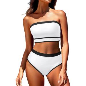 imageYonique Bandeau Bikini Womens High Waisted Swimsuit Two Piece Strapless Bathing SuitsWhite