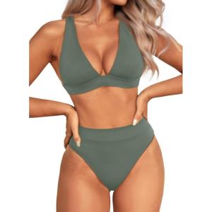 imageYonique Thong Bikini Set High Waisted Two Piece Swimsuit High Cut Bikini V Neck Bathing SuitArmy Green
