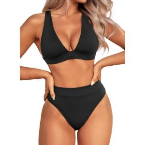 imageYonique Thong Bikini Set High Waisted Two Piece Swimsuit High Cut Bikini V Neck Bathing SuitBlack