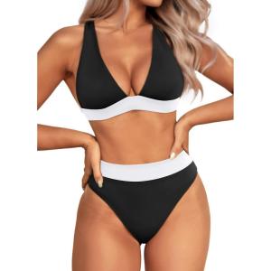 imageYonique Thong Bikini Set High Waisted Two Piece Swimsuit High Cut Bikini V Neck Bathing SuitBlack and White