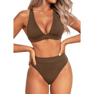imageYonique Thong Bikini Set High Waisted Two Piece Swimsuit High Cut Bikini V Neck Bathing SuitBrown