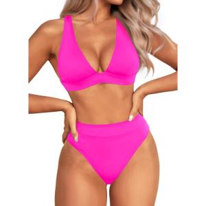 imageYonique Thong Bikini Set High Waisted Two Piece Swimsuit High Cut Bikini V Neck Bathing SuitHot Pink