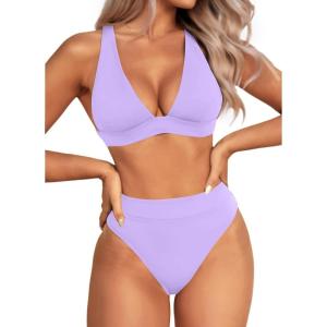 imageYonique Thong Bikini Set High Waisted Two Piece Swimsuit High Cut Bikini V Neck Bathing SuitLavender